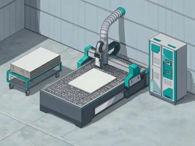 Schematic of a CNC router bay showing sheet infeed, table, extraction duct and control cabinet, not a street map