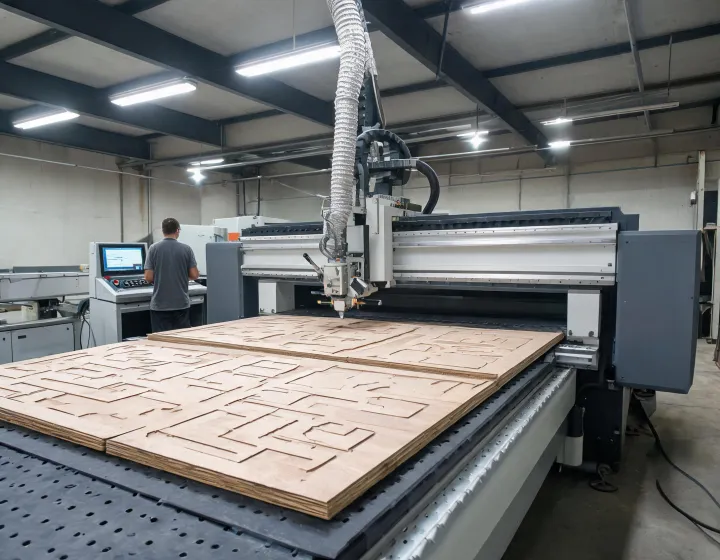 CNC router gantry cutting nested wood sheets with vacuum hold-down and extraction hood